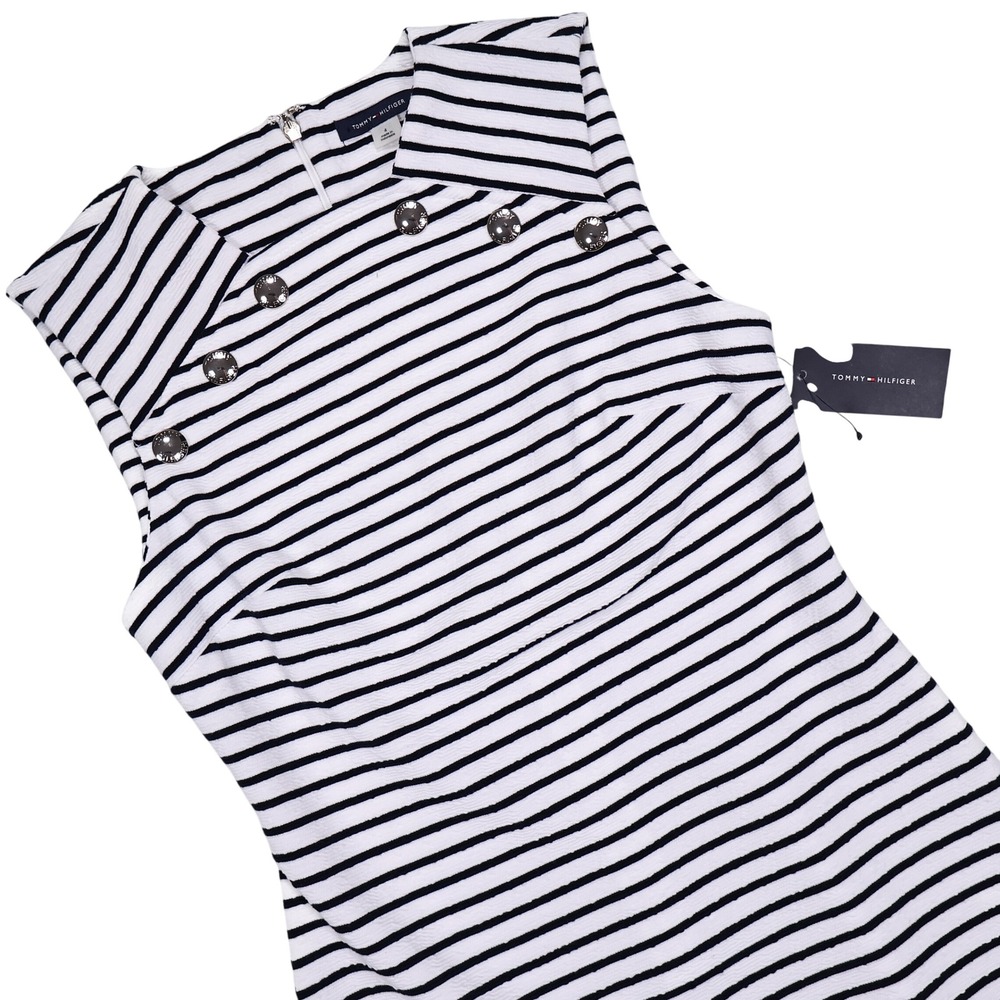 NWT TOMMY HILFIGER Women's 4 Black White Striped Sleeveless Midi Sheath Dress